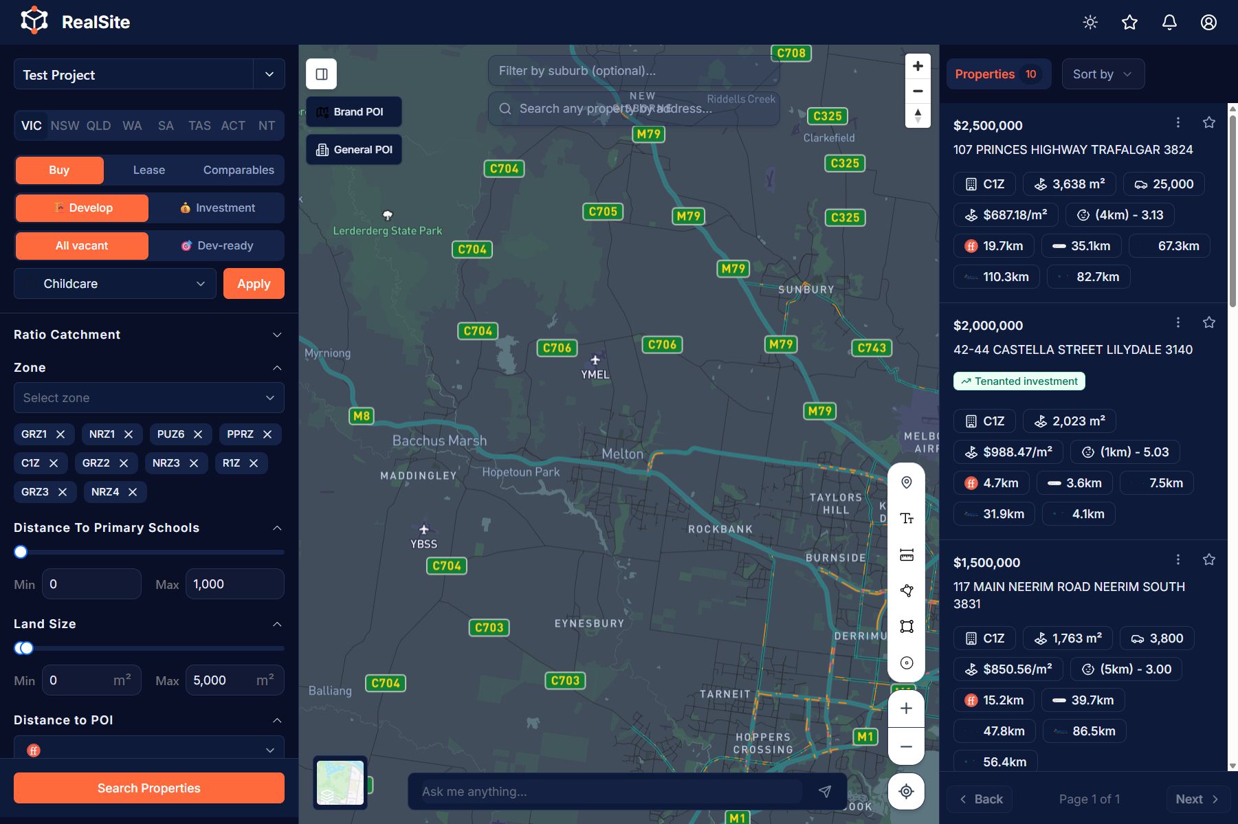 Buy Advocate dark dashboard — map, filters and ranked site shortlist
